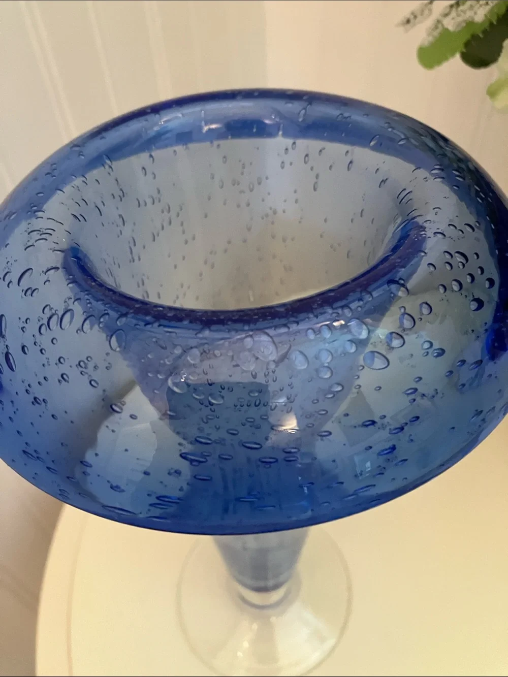 Vintage Hand Blown Cobalt Blue Footed Vase With Folded Trumpet Rim